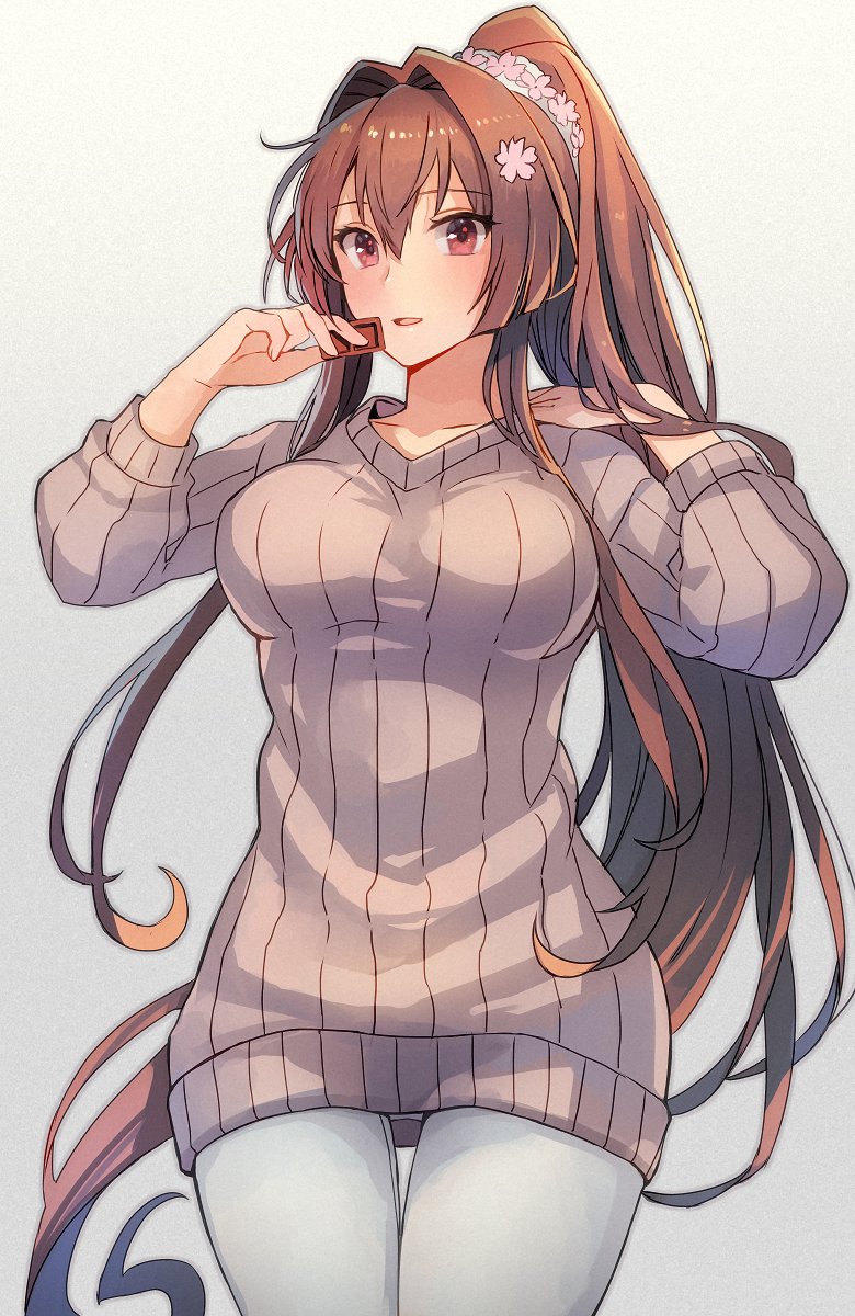 yamato (kancolle) 1girl long hair solo sweater brown hair hair flower flower  illustration images