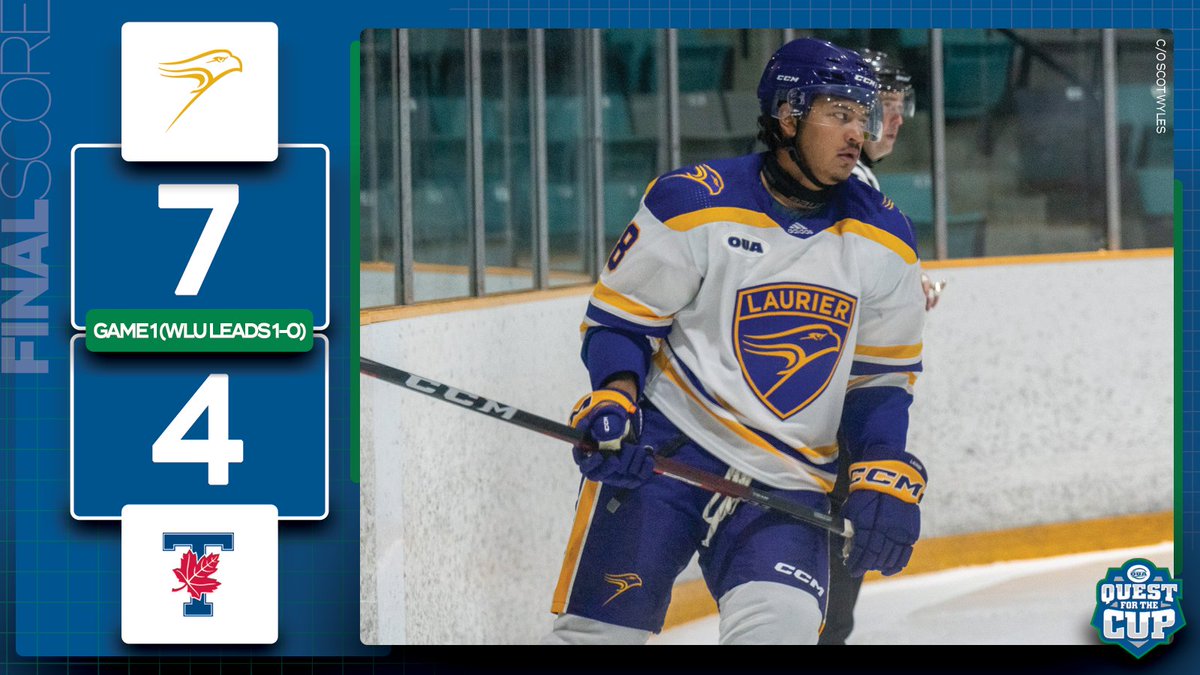 OUAsport's tweet photo. FINAL SCORE 🏒

No. 6 @WLUAthletics | 7
No. 3 @Varsity_Blues | 4

The visiting Hawks built a four-goal cushion and withstood a Toronto comeback to snag the coveted Game 1 win. 

#WeAreONE | #QuestForTheCup | #WLUvsTOR https://t.co/WgrHHeFypQ