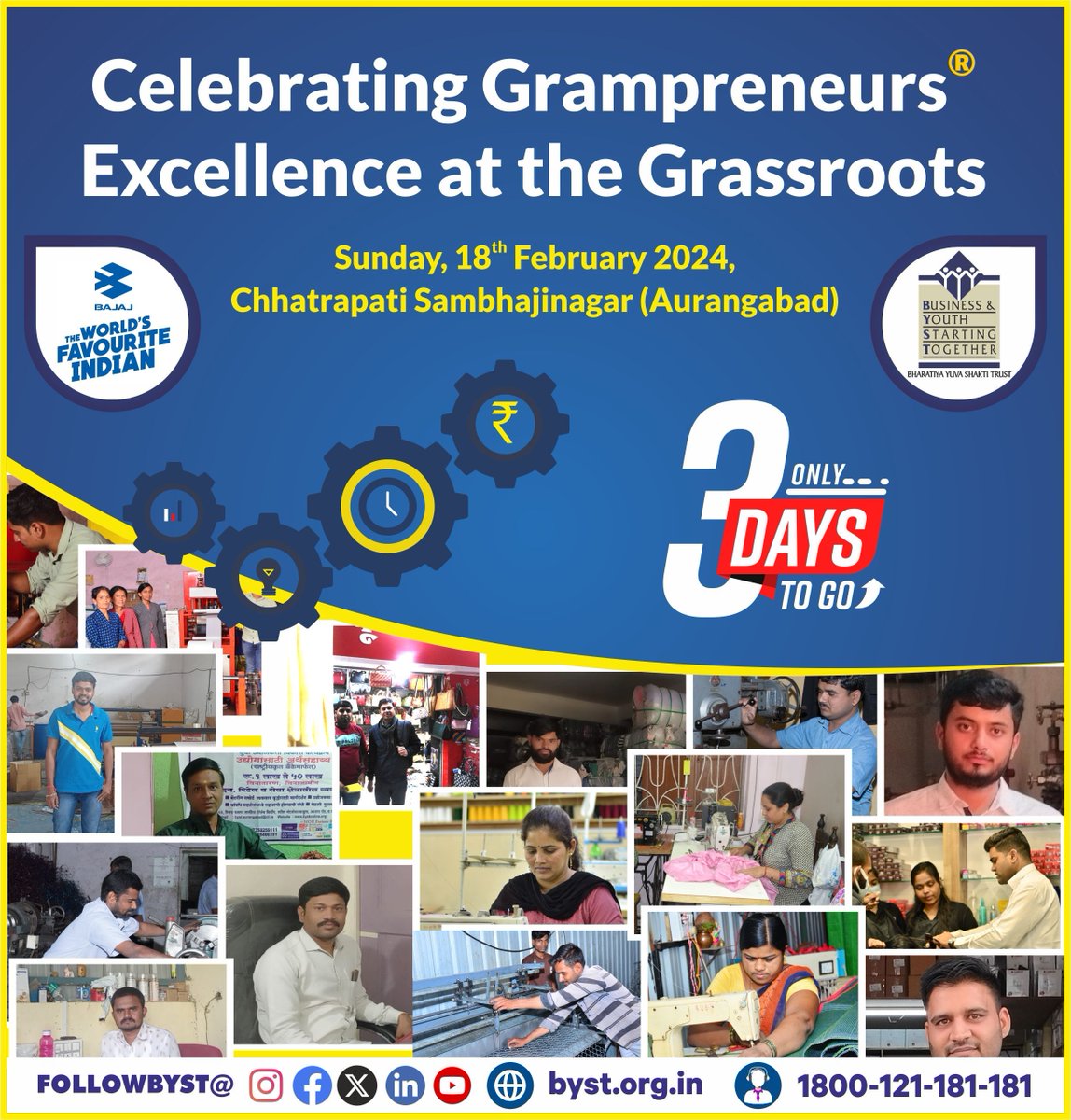 FollowBYST's tweet photo. Witness the impact of the Bajaj Auto-BYST Youth Entrepreneurship Development Programme at the grassroots level. Join us in celebrating Grampreneurs Excellence at the Grassroots in Aurangabad on 18th Feb'2024. #networking #startup #entrepreneurship #mentor @bajajauto #byst https://t.co/EZXAzMcj9K