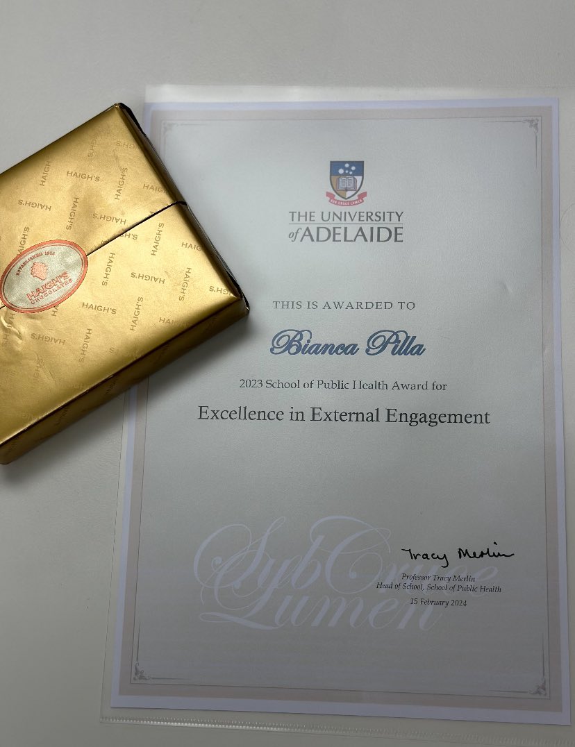 Congratulations @Biancajanepilla on your amazing work - well recognised! @UniofAdelaide School of Public Health