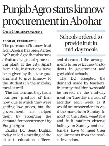 Punjab Agro starts kinnow procurement in Abohar
Schools ordered to provide fruit in mid-day meals