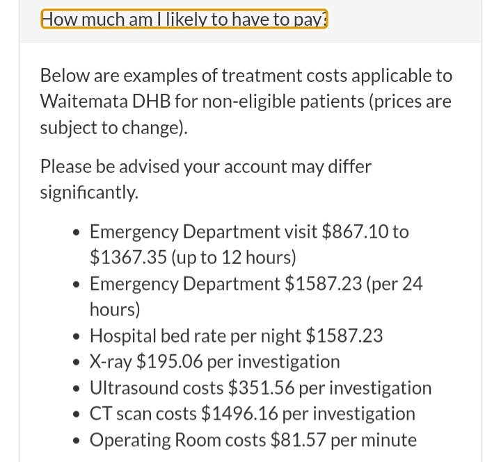 @TimTrippDesign @jimeekay @NicotineLozeng @SwaledaleMutton @SpiderCatNZ @Bronwyn_Meikle @redheadlass1402 There might be special equipment like crutches, wheelchair, and all medical supplies needed, specialist reports, letters etc. Medical costs add up very quickly, see charges at WDHB for non NZ residents
waitematadhb.govt.nz/patients-visit…