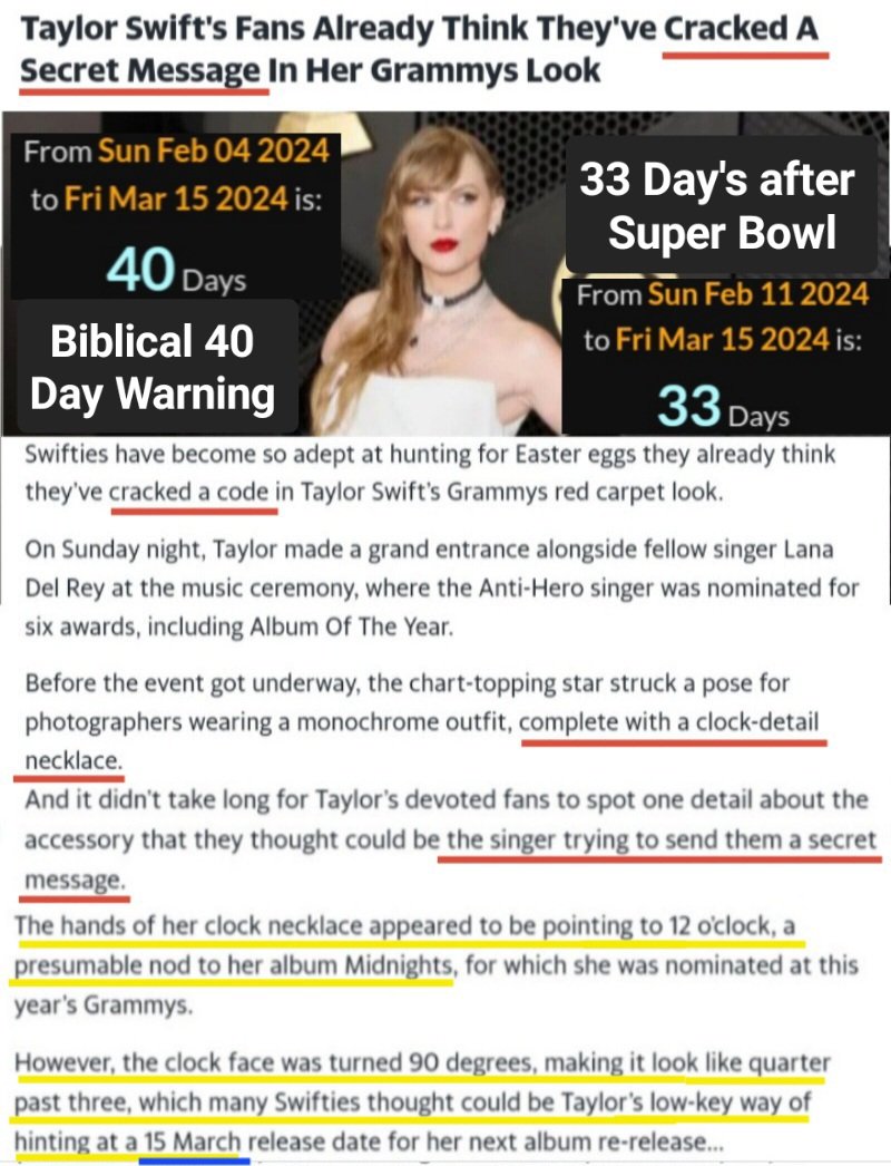 OK so .... the Grammys Neclace Swift wore was set to MIDNIGHT (Doomsday Clock) but it was also shown at a 90 degree angle looking like 3:15
MARCH 15th is the Ides of March and is 40 Days after the Grammys (Biblical 40 Day Warning/Jonah)
March 15 is also 33 days after SB58
THREAD
