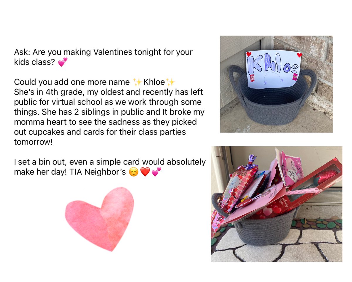 My neighbors are better than yours! ❤️

It wasn’t about me going out and getting her a gift, it was about her missing out on getting the gifts from friends! Having a written note from someone, the packs of fun-dip, stickers and heart pencils!❤️ #Kindness #Community #BuyNothing