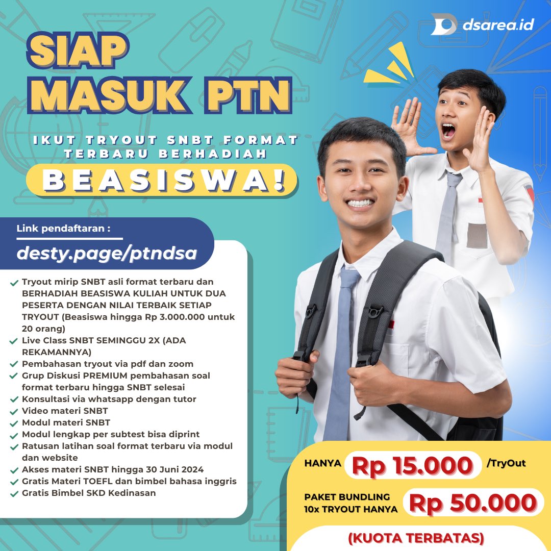 Modal 15 ribu dapat TO SNBT PREMIUM dan kesempatan BEASISWA?? Ya cuma Try Out di DSA!

Kamu bingung cari Try Out SNBT dengan FORMAT SOAL TERBARU dan harga yang worth it?? Yuk persiapkan diri kamu dengan mengikuti Try Out SNBT di DSA!! Berhadiah BEASISWA juga loh!