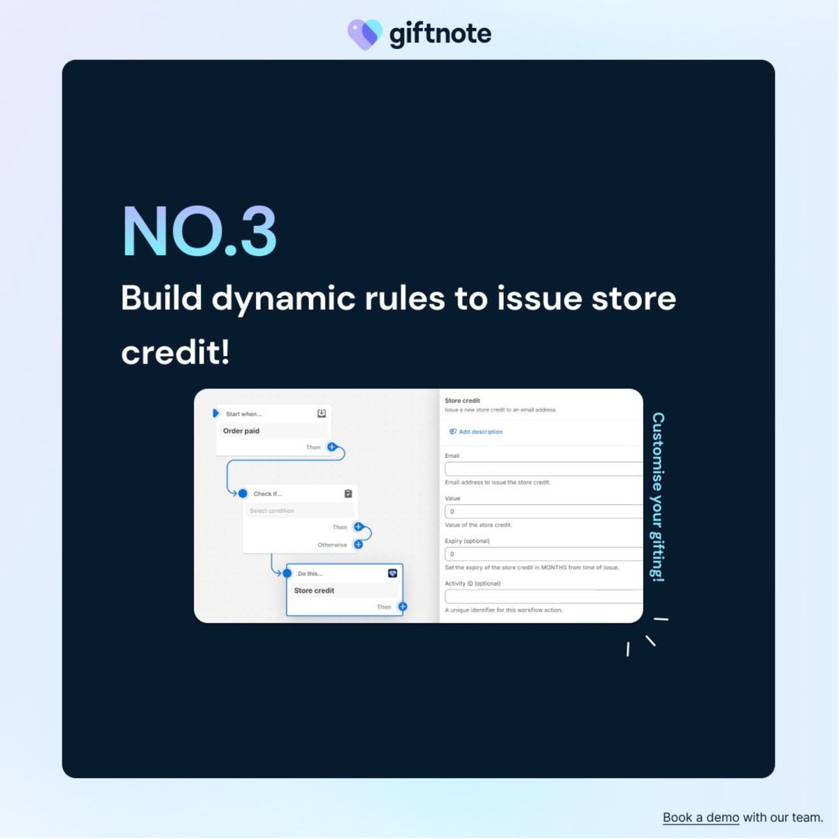 giftnoteapp's tweet photo. Excited to roll out our latest store credit features for @Shopify  🌟 

Get ready for the Winter '24 enhancements for smoother credit handling. 

🎁 Directly issue credits from orders, link credits through Giftnote, and enhance gifting with Shopify Flow & partners including @klaviyo @Yotpo @GetOkendo @LoyaltyLionHQ @getrecharge 

#shopify #dtc