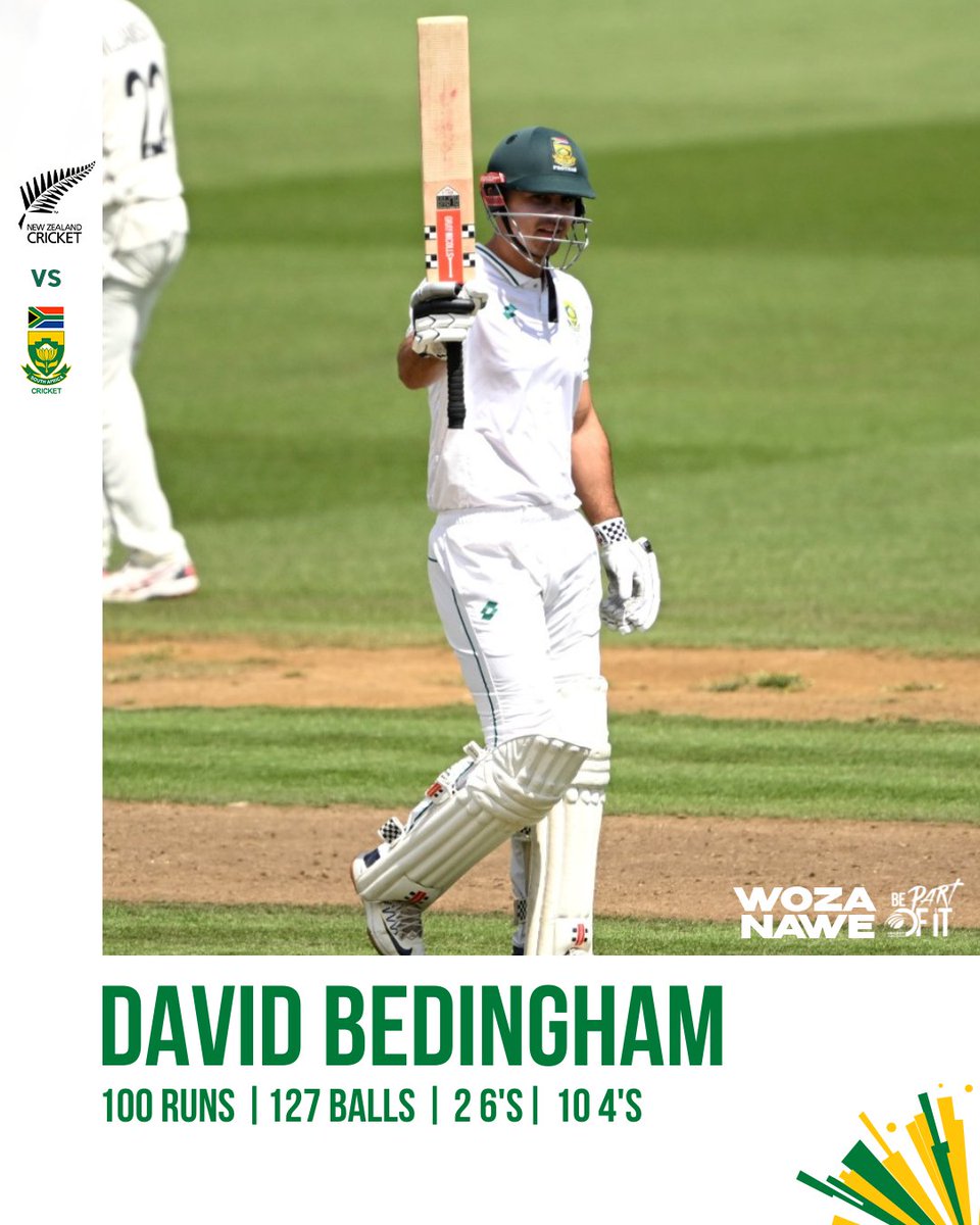 BEDDARS YOU BEAUTY 💯 A huge roar from David Bedingham as he raises his bat for his maiden Test century for the Proteas 🇿🇦 Take. A. Bow 👏 #WozaNawe #BePartOfIt #NZvSA