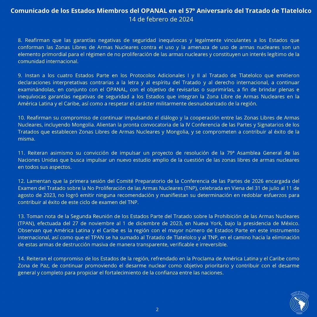 Al celebrarse un nuevo aniversario del #TratadoDeTlatelolco Uruguay ratifica su compromiso con el desarme y la no proliferación nuclear.

<a href="/OPANAL/">OPANAL</a>