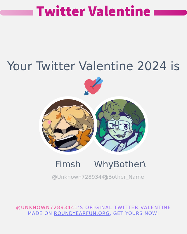 My Twitter Valentine 2024 is going to be: <a href="/Bother_Name/">🪻 ‎ ‎ ‎ ‎ ‎ ‎ ‎⨾‎‎ ‎ ‎ ‎ ‎WhyBotherWithAName</a>

➡️ funxgames.me/twittervalenti… #valentinesday2024 #ValentinesDay