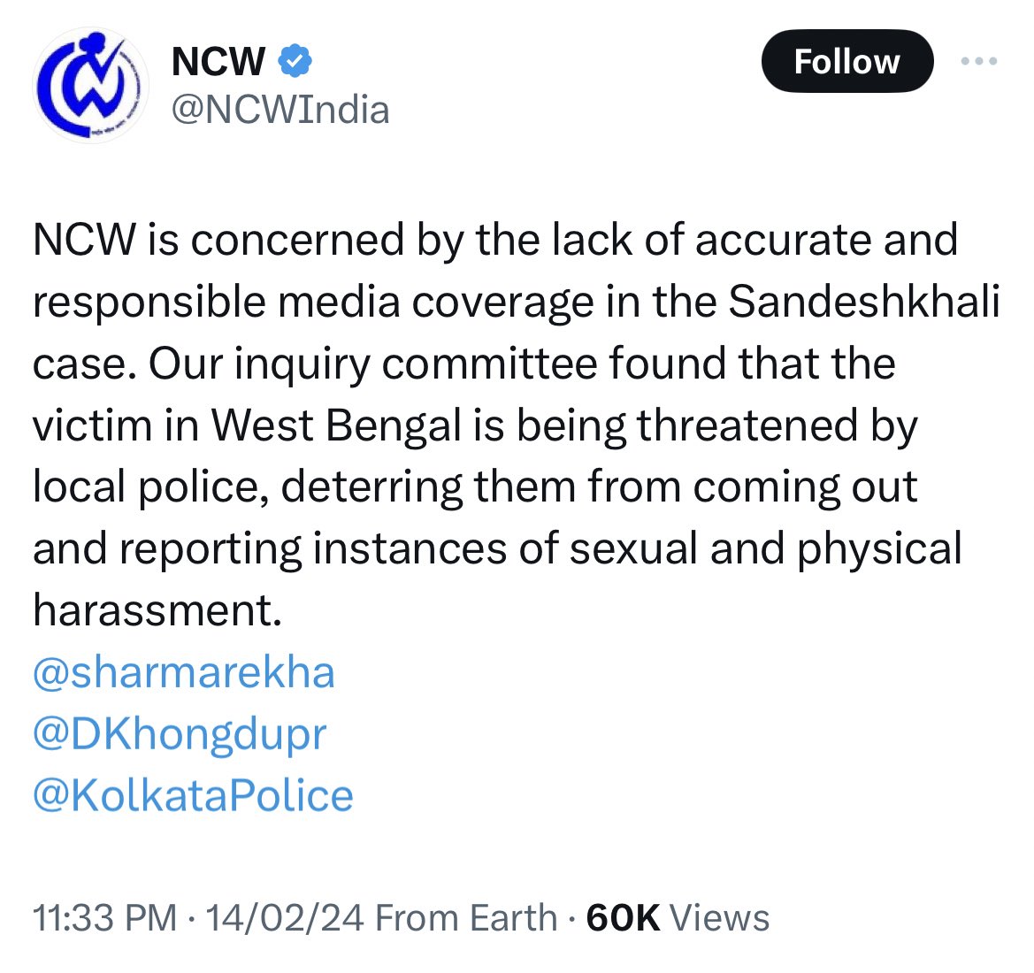 Victims in the comments along with the NCW team &amp; victim’s families have confirmed that WB police along with the TMC goons are threatening the victims. 

This is clear from the fact that WB police is hiding the replies in their tweets. 

Hiding it will not hide the truth.