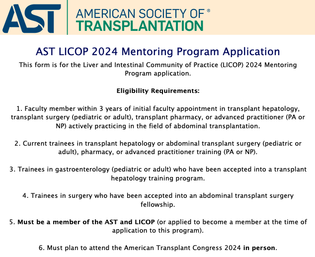 For those interested in #hepatology &amp; liver #transplantation, I highly recommend applying to the <a href="/AST_LICOP/">Liver/Intestinal Community of Practice - AST</a> Mentoring Program!

Great opportunity to establish relationships w/leaders in the field!

Application:
txnephaccreditation.wufoo.com/forms/s1ap6zus…
Due: 3/15/2024

#livertwitter #GITwitter