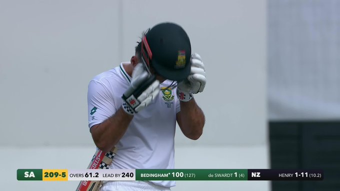 A century for South Africa's David Bedingham! 100 runs off 127 balls 👏👏 📹 Credits: Twitter/TVNZ