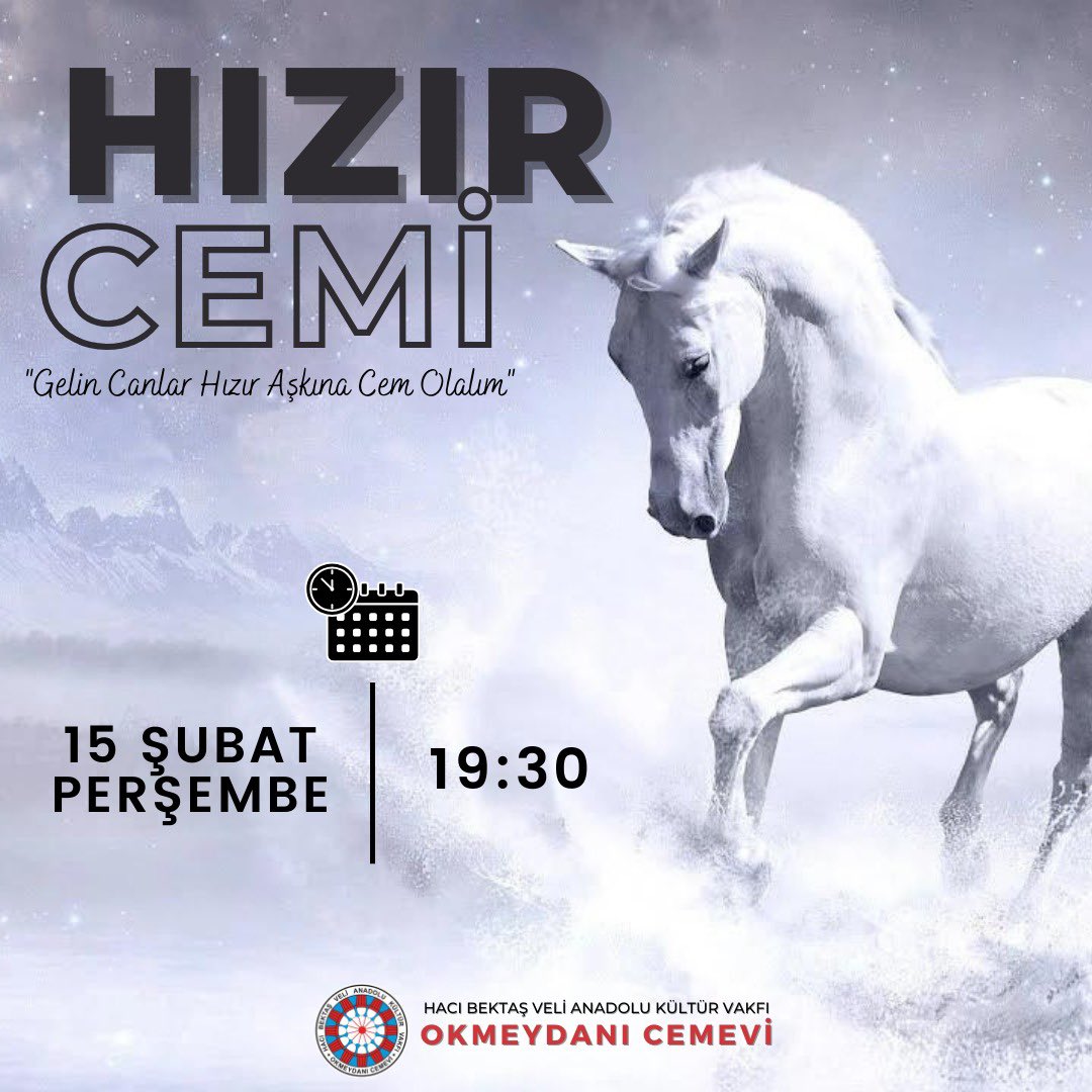 Bugün senin günün ya HIZIR
Bugün nefeslerimiz, dualarımız Ya Hızır diyecek. Darda, zorda olana yetişen Bozatlı Hızır aşkına,  CEM ve KURBAN lokmasına cümle canları Okmeydanı Cemevimize davet ediyoruz. 

Ya Hızır 🌹