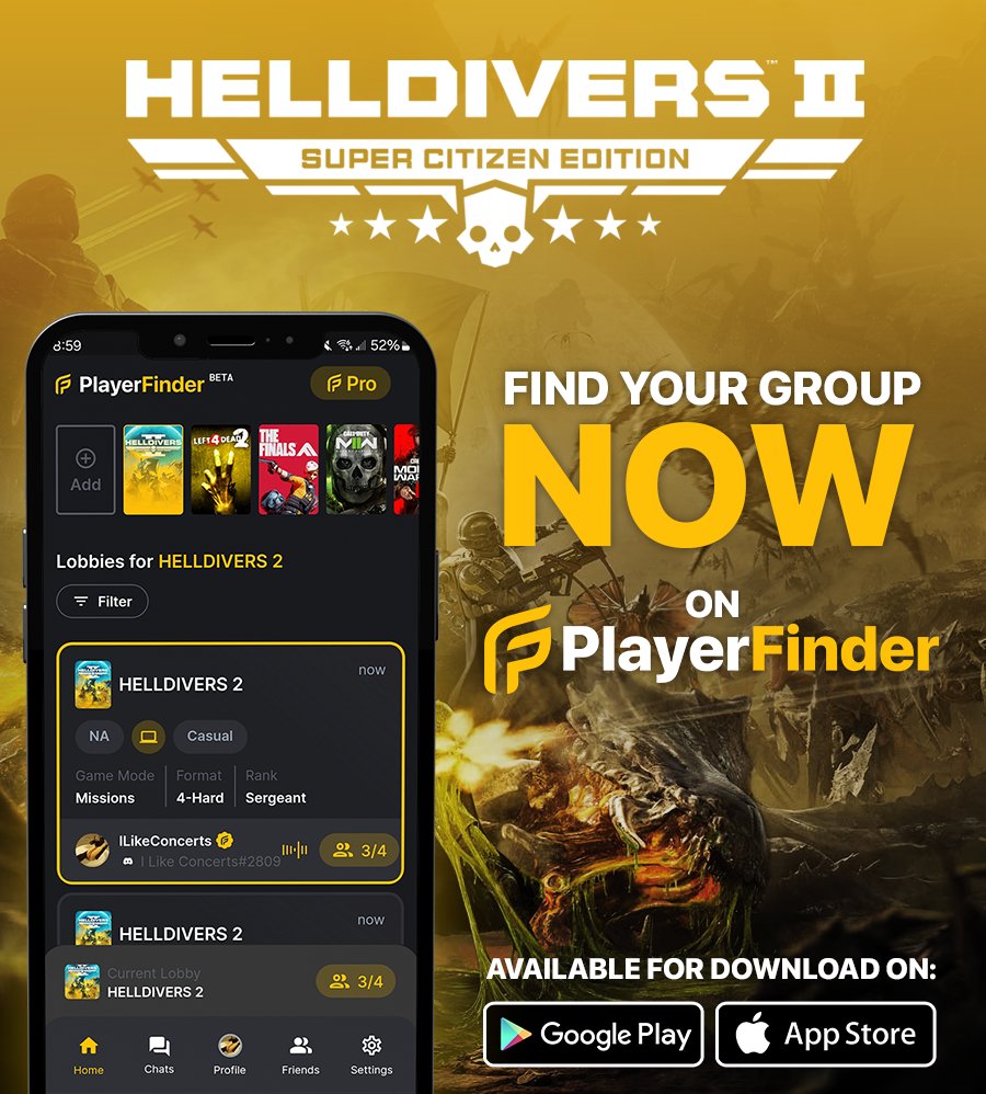 Calling all Freedom Fighters! 

You can now find your gaming group for @HellDivers2 on PlayerFinder!

Join the greatest military force the galaxy has ever seen with your ideal gaming group today!
#LFG #HellDivers2