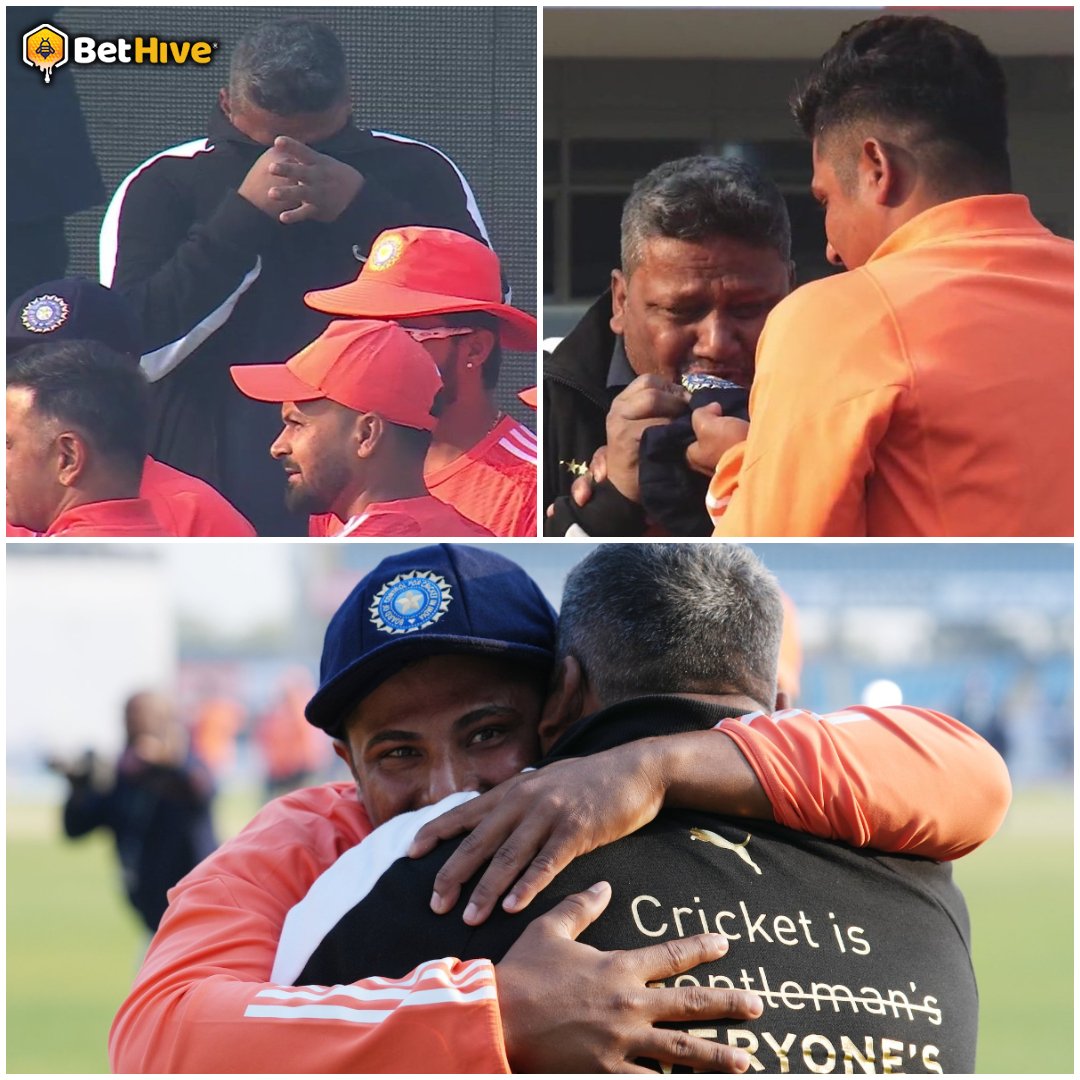bethiveonline's tweet photo. Emotional moment in Rajkot!

Proud father witnessing his son's dream come true – Sarfaraz Khan's Test cap ceremony was filled with heartfelt tears.

#INDvsENG #SarfarazKhan #Testcap #Testmatch #Indiancricketteam #Rajkottest #betHive 

Pic : Jio Cinema https://t.co/34DzRfchUq