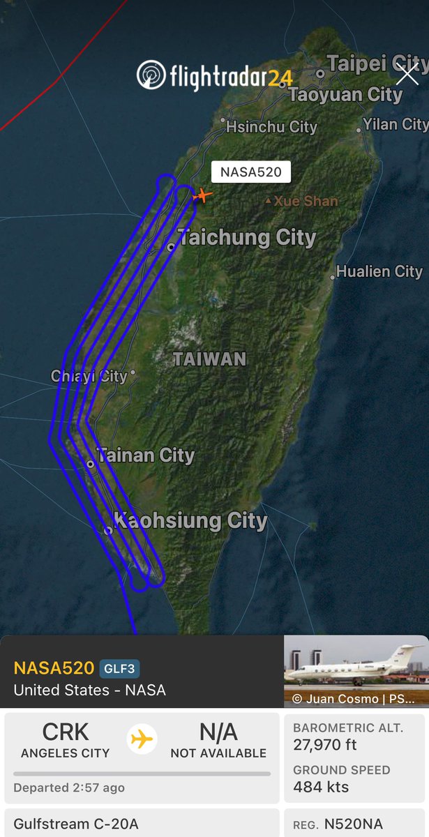 flyingheavy747's tweet photo. A couple of @NASA airplanes doing some air quality monitoring over #Taiwan 
Very cool to still have a DC-8 flying around. 
#C20A #DC8 
Via @flightradar24 https://t.co/Wd3KSy7Vtz