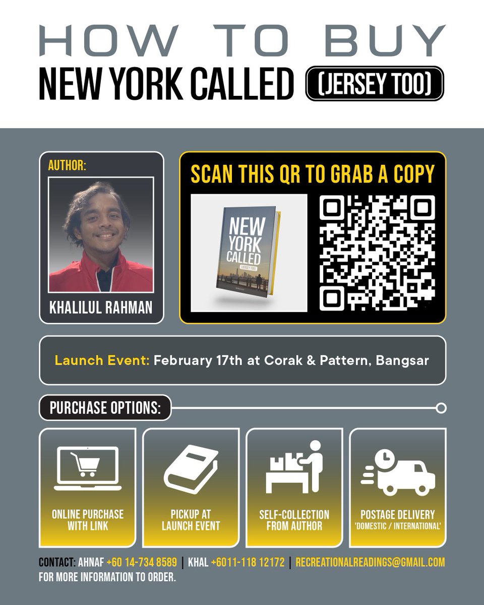 brotherkhal's tweet photo. With excitement! You can purchase New York Called (Jersey Too) now!

My second book is about the city that never sleeps, along with themes of grief, conversations, parts unknown, &amp; more.

Price: RM30(postage not included)

Order Form Link: https://t.co/fu4KsKE3lI 

#NewYorkCalled https://t.co/MTQOBikpmD