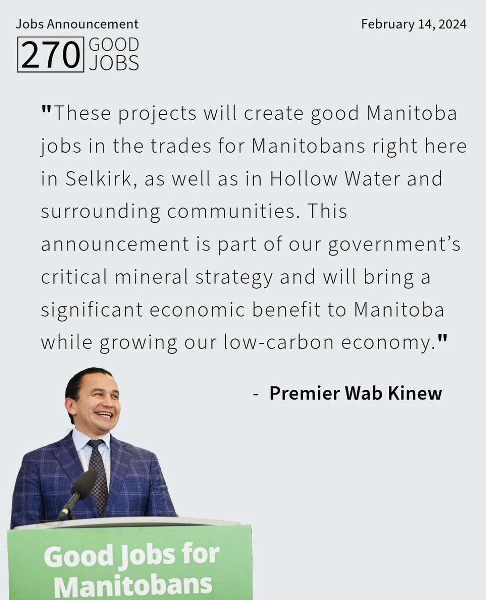Our government made an exciting announcement today that will bring 270 good jobs to the Selkirk area! Was thrilled to stand with @WabKinew and @Tracy4Rossmere as we announced this project and celebrated the good jobs and growth to our low carbon economy. #mbpoli