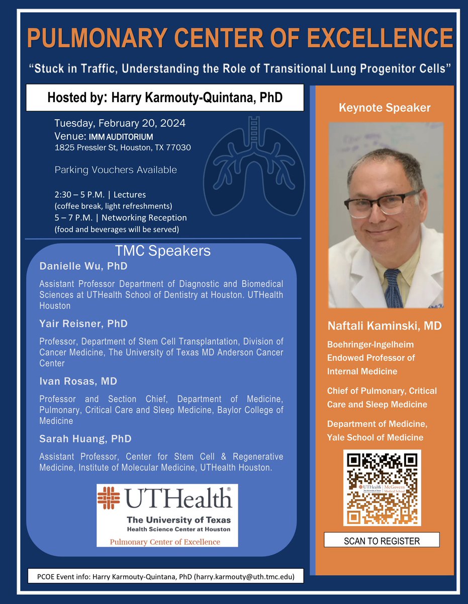 KaminskiMed's tweet photo. so excited and honored to be the keynote speaker at the "Stuck in Traffic, understanding the Role of Transitional Lung Progentior Cells" Conference hosted by the Pulmonary Center of Excellence at the McGovern School of Medicine @UTHealthHouston
🙏🏼#PCOE 🙏🏼 https://t.co/98DUmn2Oy6