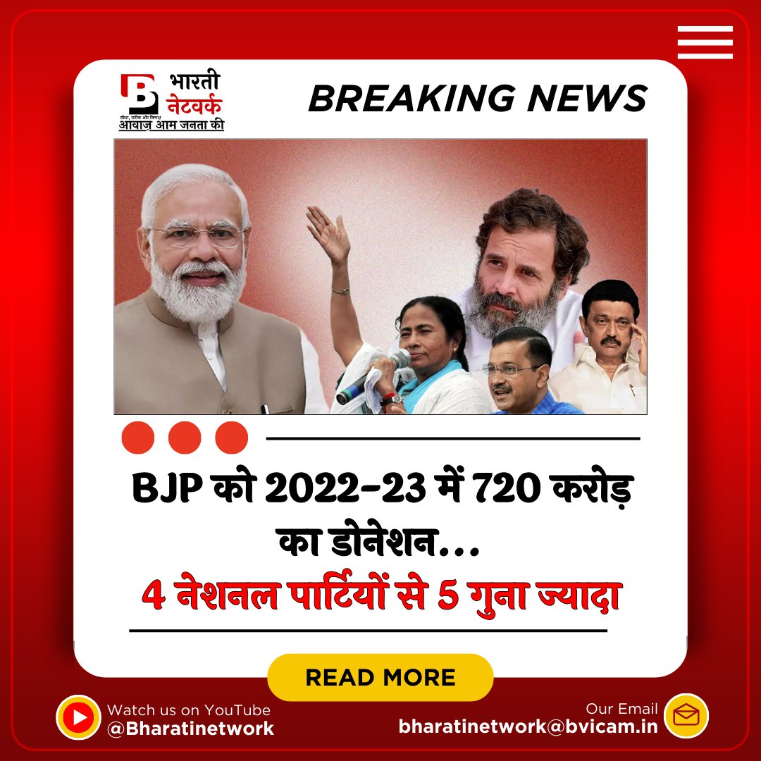 BharatiNetwork's tweet photo. एसोसिएशन फॉर डेमोक्रेटिक रिफॉर्म्स (ADR) ने बुधवार (14 फरवरी) को राजनीतिक दलों को मिलने वाले डोनेशन की रिपोर्ट जारी की है। इसके मुताबिक, फाइनेंशियल ईयर 2022-23 में BJP को लगभग 720 करोड़ रुपए डोनेशन मिले हैं।
@BJP4India
@INCIndia
@AamAadmiParty
@TMCNaboJowar
@PMOIndia
#TRENDING https://t.co/JcJRWUVQZq