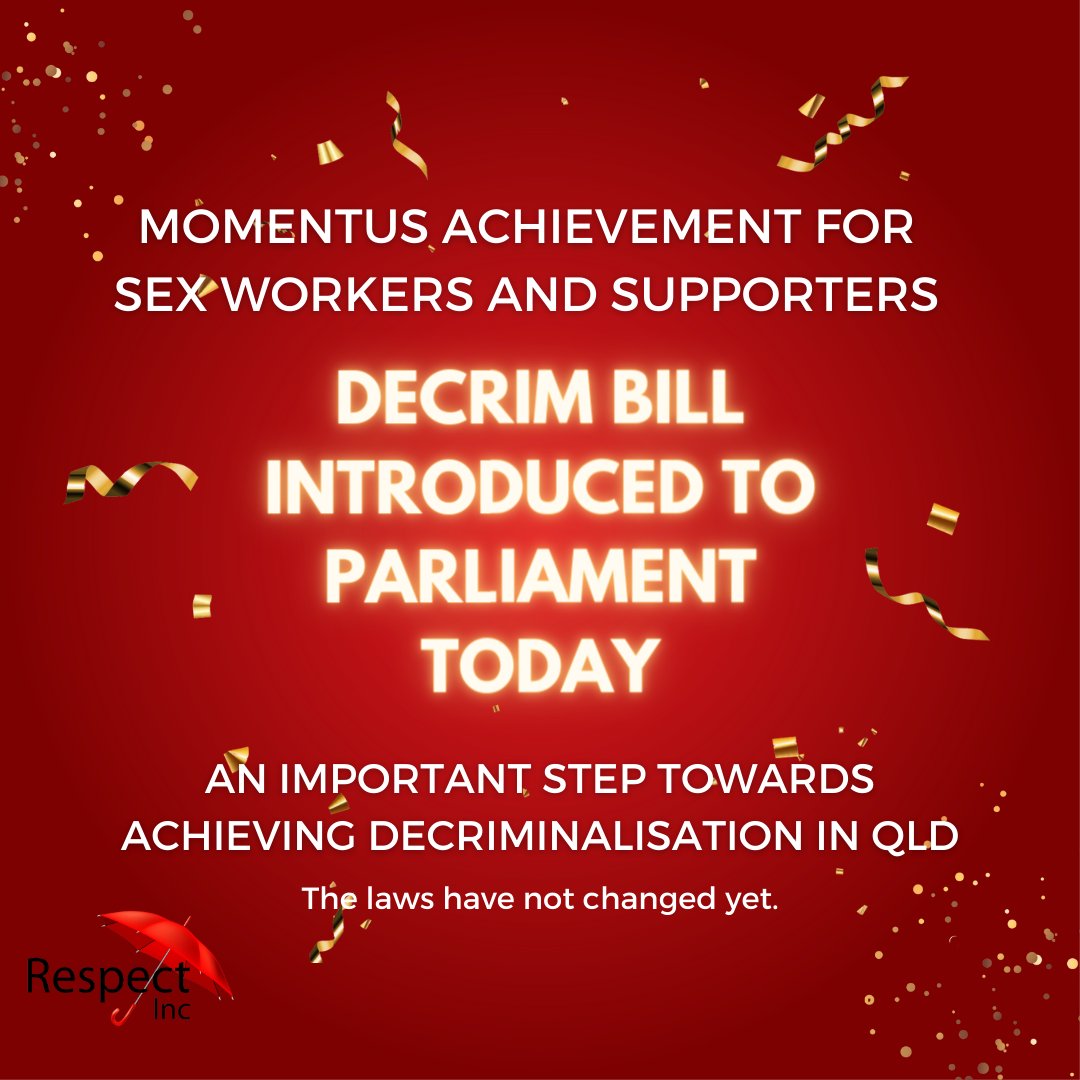 A Bill to decriminalise sex work in Queensland (Criminal Code (Decriminalising Sex Work) and Other Legislation Amendment Bill 2024) was tabled in Parliament today! 
This is just the first step. The Bill will need to go to committee before being voted on later in the year.