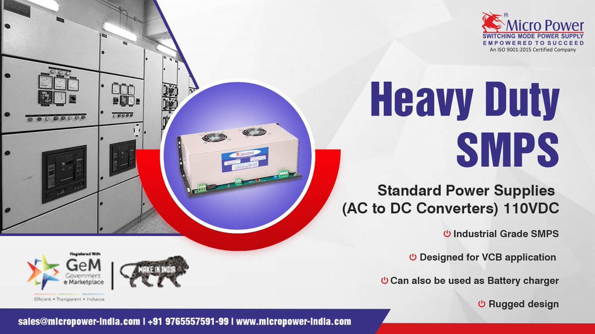 MicroPower94's tweet image. Get 110VDC output with the high reliability of this industrial grade power supply product. In addition, ease of mounting and remote signalling makes this heavy duty SMPS a right fit into the VCB and Switchgear panels.

#PowerSupply #ACtoDC #Converter #SMPS #Switchgear