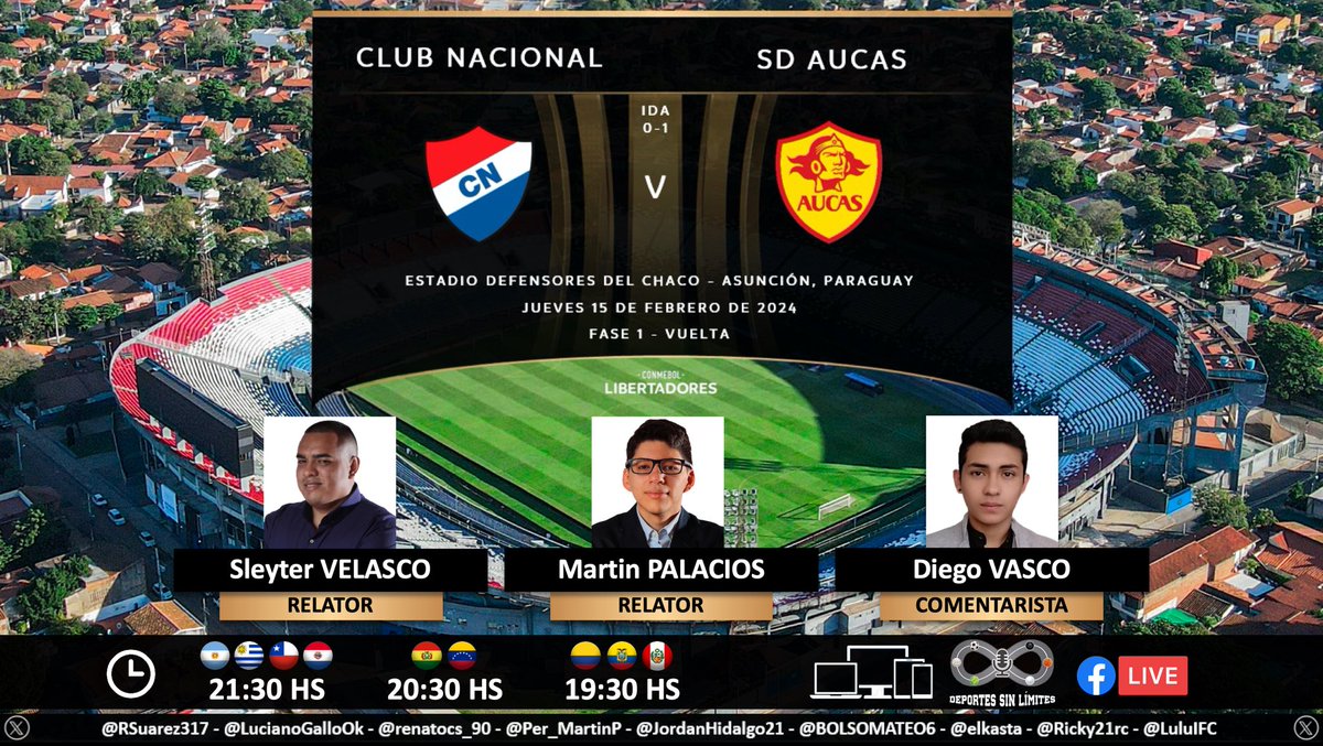 PuntajeIdealEC's tweet photo. ⚽ #Libertadores | 🇵🇾 #Nacional vs. #Aucas 🇪🇨 
🎙 Relatores: @Sleytera98 - @Per_MartinP 
🎙 Comentarista: Diego Vasco
💻📱 @Dep_SinLimites 🔉🎧 (Formato Radio)
🔗 FB: https://t.co/aSp4zk5cIZ
🤳 #DSL2024 - #GloriaEterna
Dale RT 🔃 https://t.co/lIzBo5tp5k