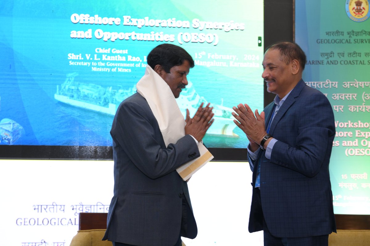 GeologyIndia's tweet image. Shri Janardan Prasad, DG, GSI along with senior officials welcomed Shri V. L. Kantha Rao, Secretary, Ministry of Mines. Govt. of India for the inaugural ceremony of the workshop on Offshore Exploration: Synergies and Opportunities at Mangalore.
#MiningReforms #GoodGovernance