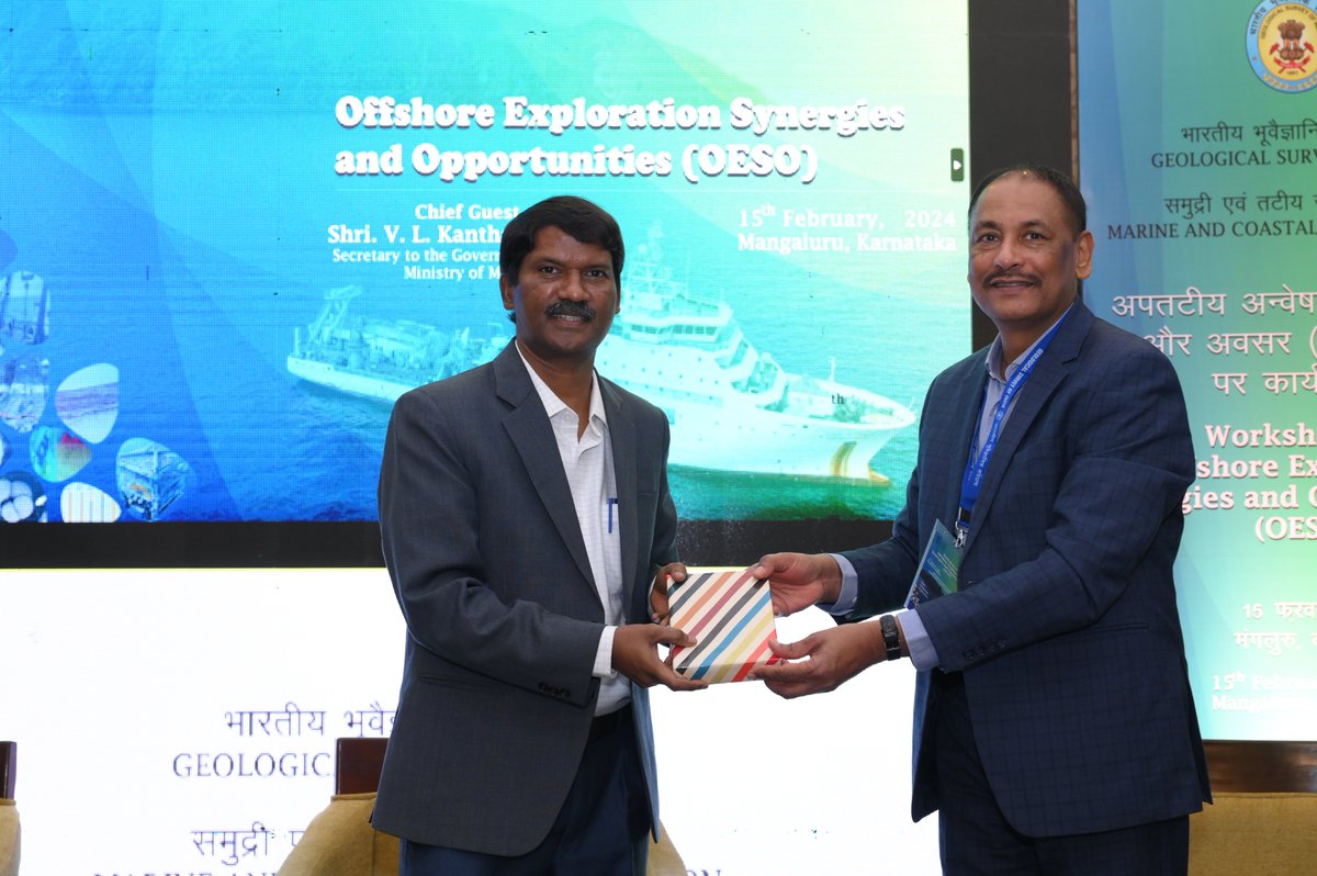 GeologyIndia's tweet image. Shri Janardan Prasad, DG, GSI along with senior officials welcomed Shri V. L. Kantha Rao, Secretary, Ministry of Mines. Govt. of India for the inaugural ceremony of the workshop on Offshore Exploration: Synergies and Opportunities at Mangalore.
#MiningReforms #GoodGovernance