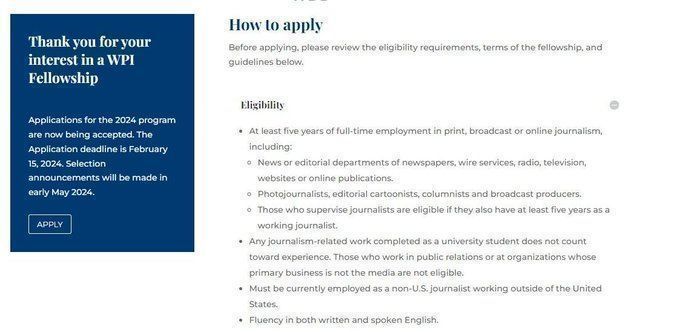 ⏳ The call for applications for the 2024 @worldpressinst Fellowship closes today, Feb. 15. The fellowships are for experienced journalists interested in improving their understanding of American journalism. 10 slots up for grabs. 🔗 Apply now: buff.ly/2Vfbph6