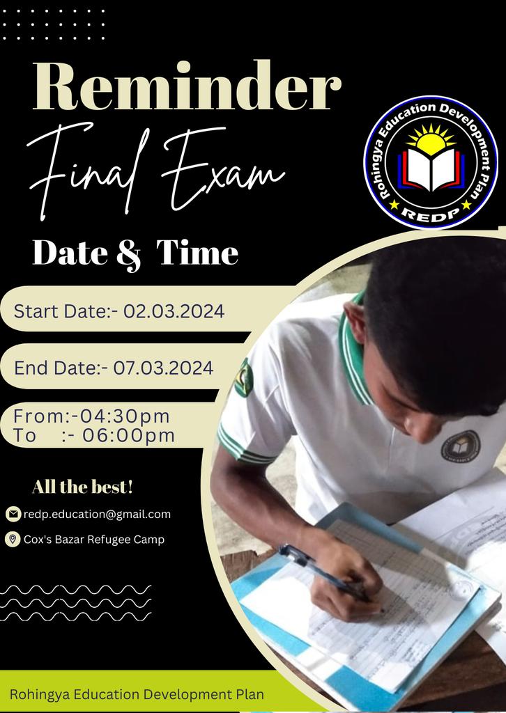 Our final exam will be taking place on [2nd March,2024 to 7th March,2024 ]. 
The Exams are an essential part of the education system, allowing students to demonstrate their knowledge and understanding of the subjects they have been studying throughout the year. 
#redpschool