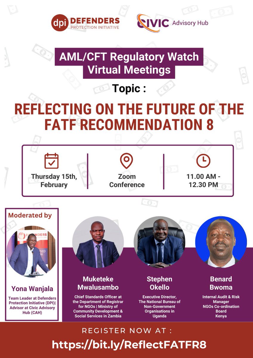 Hey everyone! Join us for an exciting Zoom meeting today, Thursday, February 15th, from 11:00 AM to 12:30 PM. We'll be discussing the future of FATF Recommendation 8. 

Register: bit.ly/49yWML1

Don't miss out! 📅🕚 #ZoomMeeting #FATFRecommendation8
