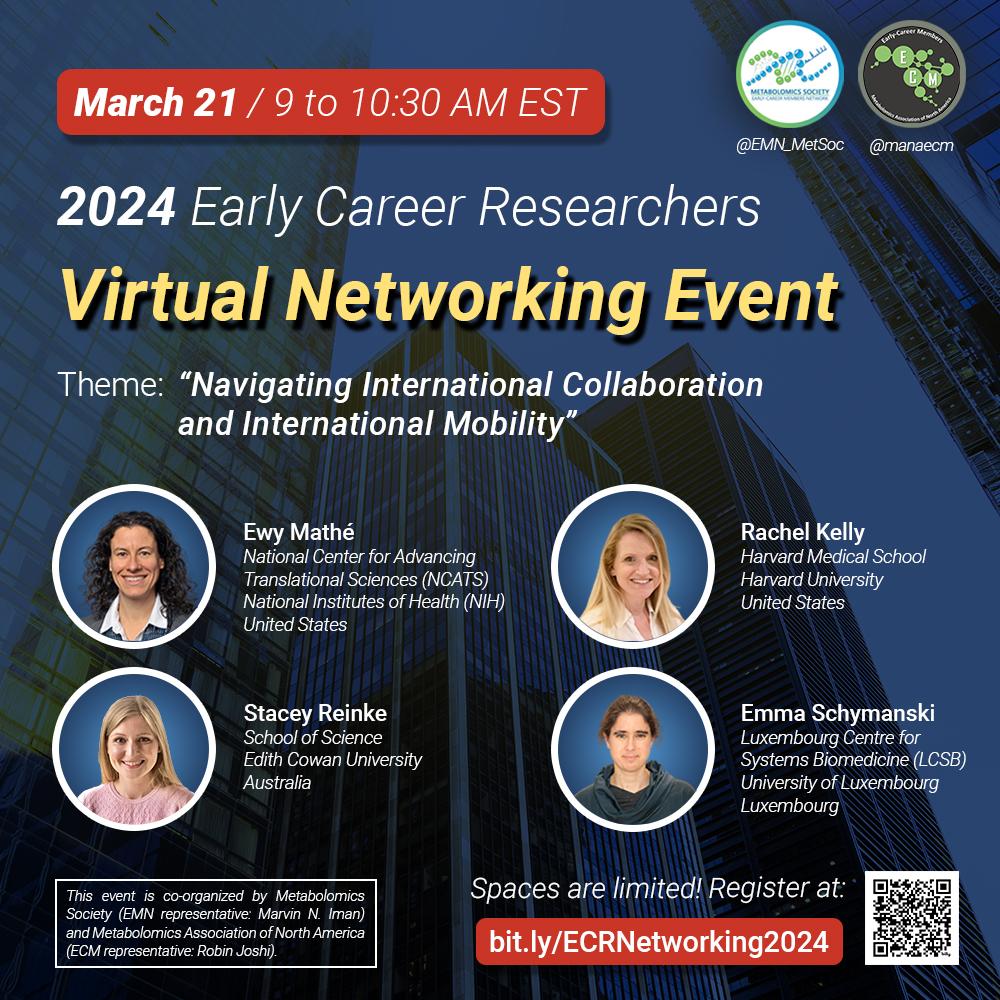 📣 Calling out all #Metabolomics folks!  Join us at #ECR Networking Event 2024, co-organized by @MetabolomicsSoc & @MetabolomicsANA, to connect with global experts 📌 Register 👉 bit.ly/ECRNetworking2… All #ECRs including UG & PG students up to 10 years after PhD are invited