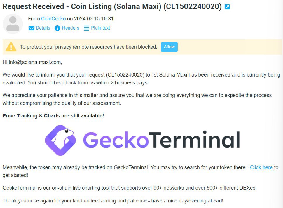 Our CoinGecko application reference #CL1502240020 has been submitted. $SOLMAX #SolanaMaxi