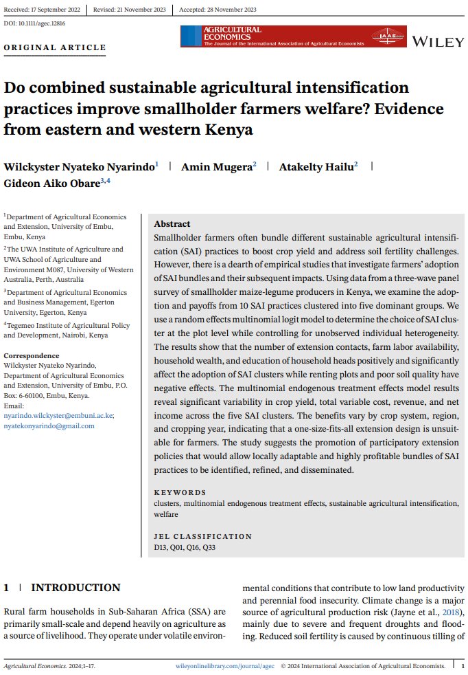 Do combined #sustainable agricultural intensification practices improve smallholder farmers' welfare?
Read this article by Dr Wilckyster Nyarindo of @UoEmbu & an #ACIARAlumni, highlighting evidence from eastern & western Kenya.

bit.ly/3uoimTO
@ACIARAustralia @IAAEAgEcon