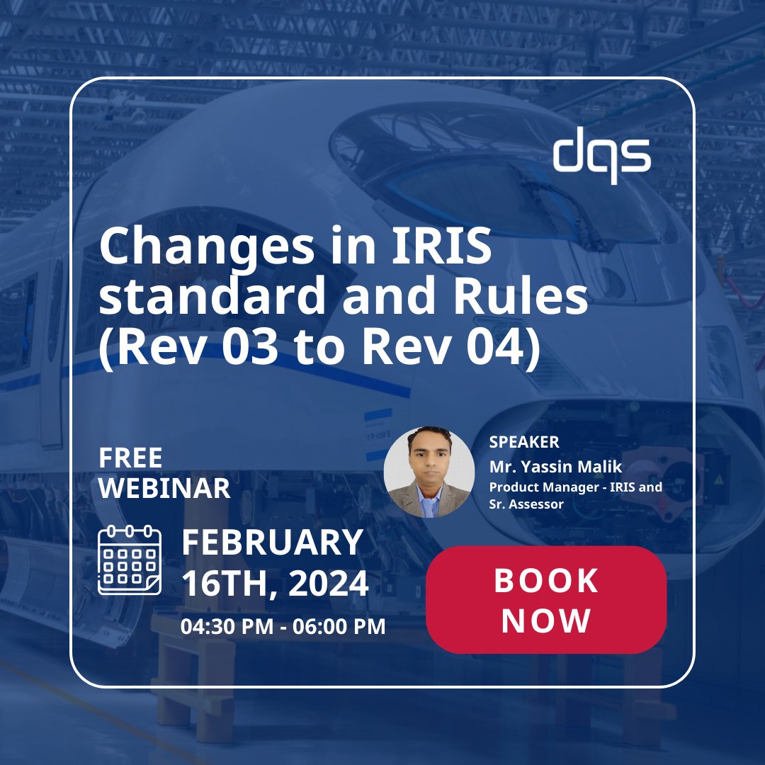 DQS_India's tweet photo. 📣 DQS is hosting a FREE webinar on "Changes in IRIS Standard and Rules (Rev 03 to Rev 04)" on 🗓 February 16th, 2024 🕰 04:30 PM - 06:00 PM
🔗 Registration Link: https://t.co/mUvZQcjpyI
#SimplyLeveragingQuality #Webinar #railindustry https://t.co/s6sZNVH8Yh