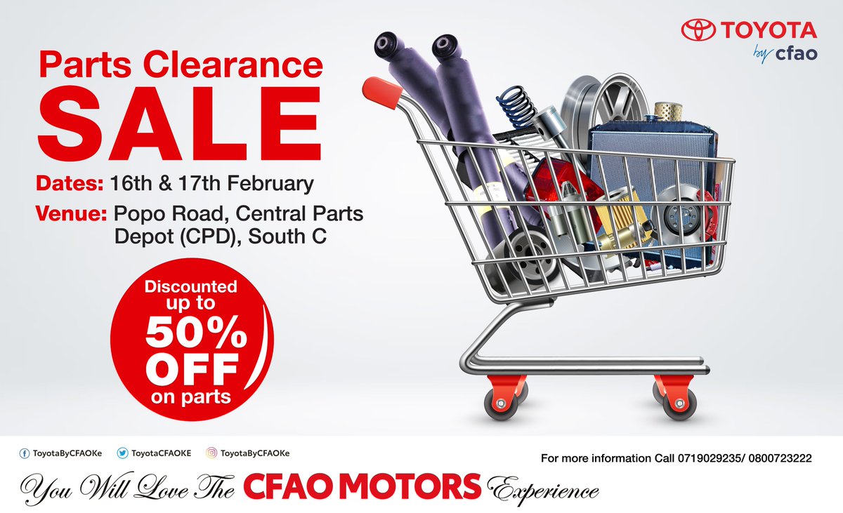 Get ready for savings at our Parts Clearance Sale! Join us tomorrow, the 16th & 17th, at Popo Rd, Central Parts Depot South C, for exclusive discounts on genuine Toyota parts. Mark your calendars and upgrade your Toyota with us! #GenuineParts #WinpartbyCFAO #CFAOMotorsDrivesKenya