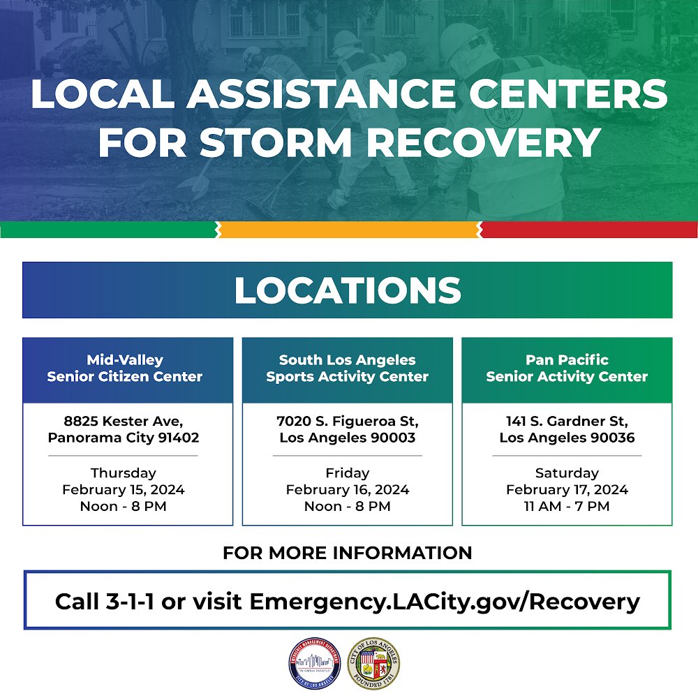 We are opening Local Assistant Centers starting THURSDAY to assist Angelenos impacted by last week’s storm. Please share to help us get the word out! More information available here: emergency.lacity.gov/recovery