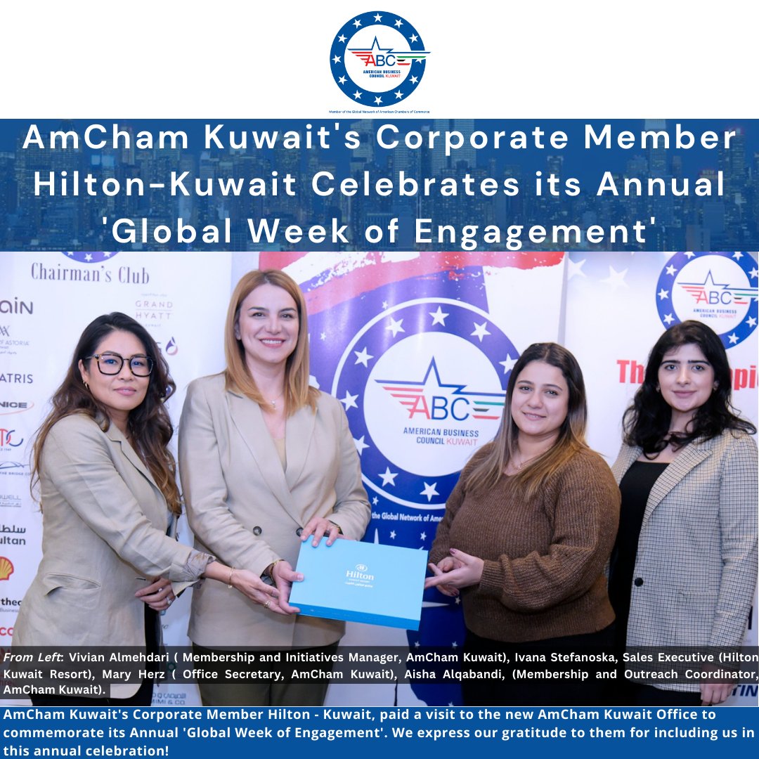 AmCham Kuwait's Corporate Member Hilton Kuwait, paid a visit to the new AmCham Kuwait Office to commemorate its Annual Global Week of Engagement. We express our gratitude to them for including us in this annual celebration!
#abck1985 #amchamq8 #amcham #Hilton #GlobalWeek #Kuwait