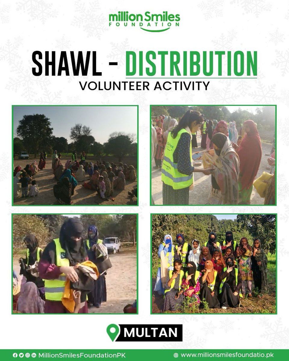 MSfoundationPK's tweet image. Embrace the chill,share the warmth 

At a time of great need  ,Our heroes from Team Multan Distributed Shawls among 150 females.

Join us &amp;amp; Be a part of this collective effort as Million Smiles Foundation recognizes the urgency &amp;amp; continues to bring comfort to those in need &amp;amp;…