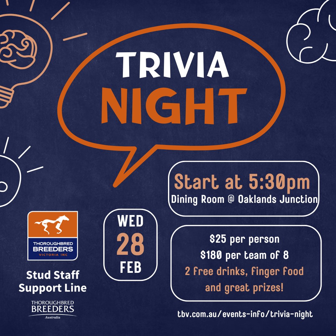 📢Trivia Night is back at Oaklands Junction!

🍻Join us on Wednesday 28th Feb at <a href="/inglis_sales/">Inglis</a>  Melbourne Premier Sale for a great night of trivia, prizes, and a lot of fun! Bring your friends and colleagues for a fun evening!

🔗Register here bit.ly/48gH5a9

👏The night