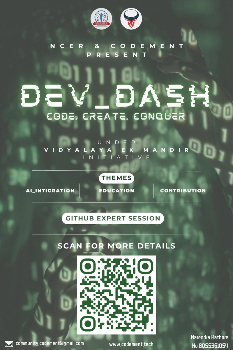 Ncerpune12's tweet image. &quot;Dev-dash : A mini-Hackathon&quot;

Welcome to Dev-dash🧑‍💻, the ultimate hackathon for aspiring innovators and tech enthusiasts!✨ Hosted by NCER in collaboration with Codement Community
Let&apos;s code, innovate, and make a difference together! See you at Dev-dash!💫

#PCET #NCER #Devdash