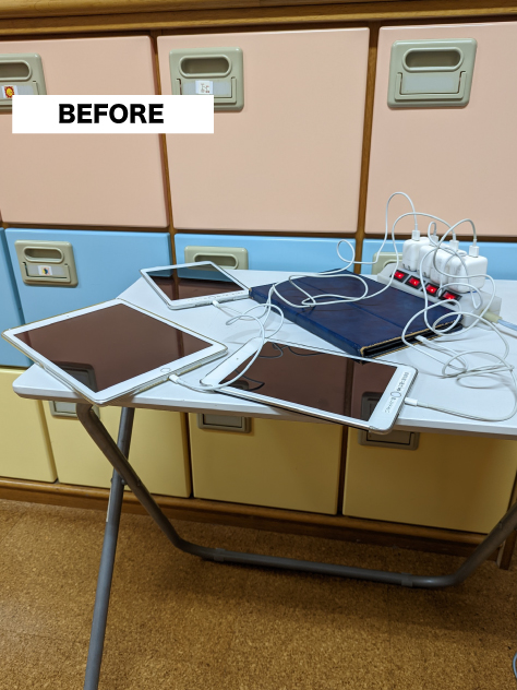 LocknCharge_JPN's tweet photo. タブレット5台用 急速充電ステーション「CarryOn USB-C PD」のBefore Afterです🫱

Beforeの状態は見た目が乱雑なのはもちろん、多忙なスタッフがケーブルに引っかかりタブレットが落下破損する可能性もあります。

CarryOnで大切な端末をストレスなく運用しませんか？
https://t.co/NRi5vgLsso https://t.co/XCYiHg9BYq