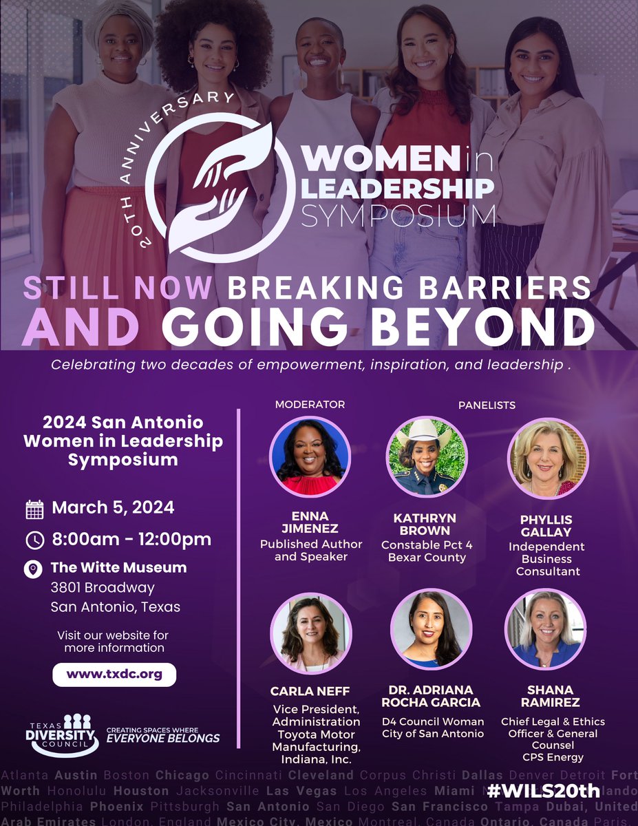 Get ready to be inspired, empowered, and uplifted! We are thrilled to announce our confirmed moderator and speakers for the 2024 San Antonio Women in Leadership Symposium!

Visit: bit.ly/SAWILS24?utm_s… to book your seat today!

#txdc #diversity #WILS20th