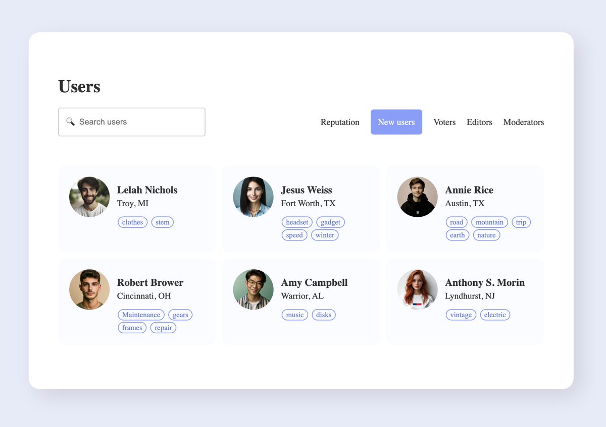 ysanchez3d's tweet photo. Day 15 of #100DaysOfCode 
Made the following Users list. Starting to get pretty comfortable with CSS. Looking forward to start learning React soon 😀
Code: https://t.co/k6HN5huoHS
#CSS #webdevelopment #CodingJourney https://t.co/oVxW0YU0LM