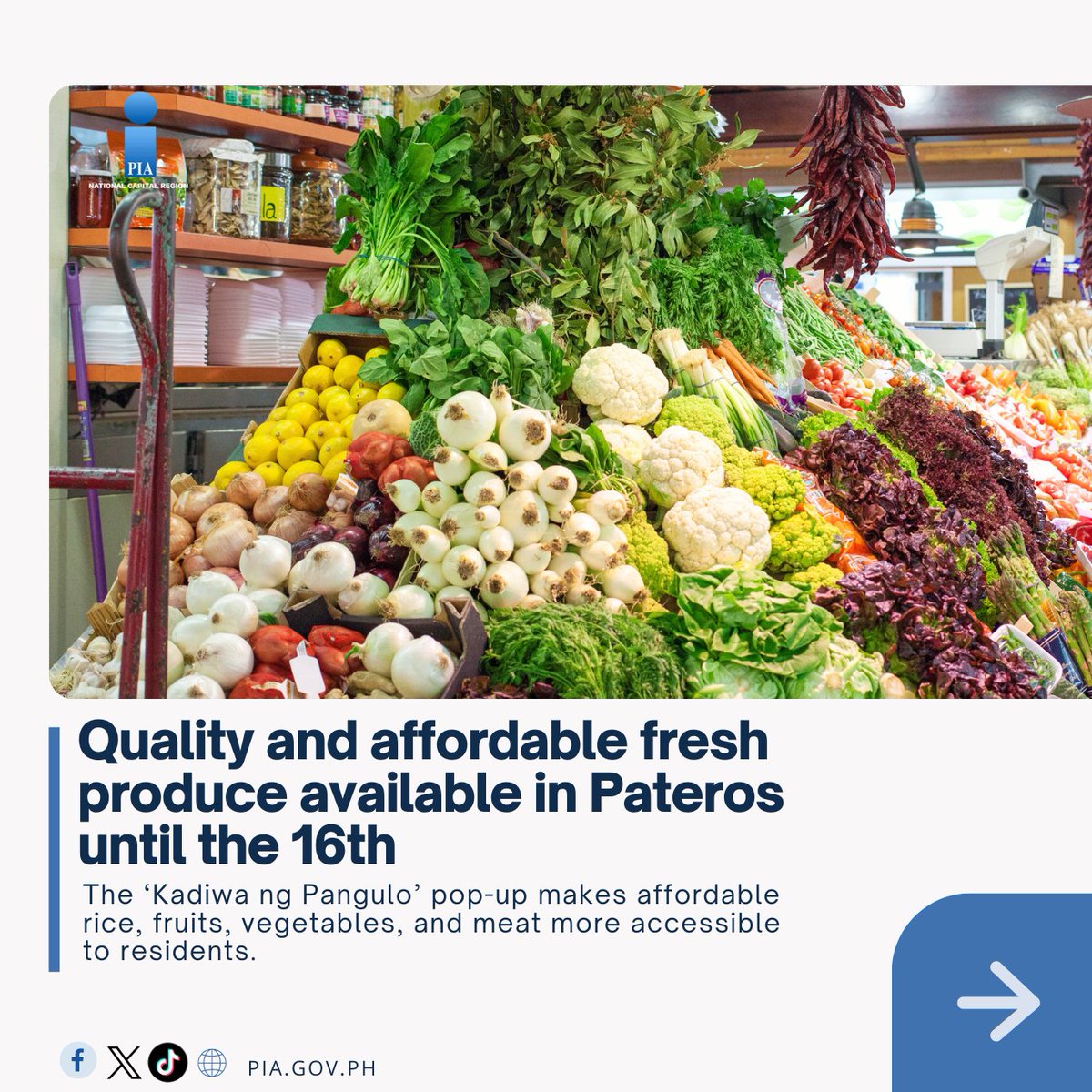 PIA_NCR's tweet image. Affordable fruits, vegetables, rice, and meat will be available in Brgy. Poblacion, Pateros until tomorrow (February 16) 🌾❤️

#KadiwaNgPangulo #KADIWA #Pateros 
#BagongPilipinas
READ: pia.gov.ph/news/2024/02/1…
