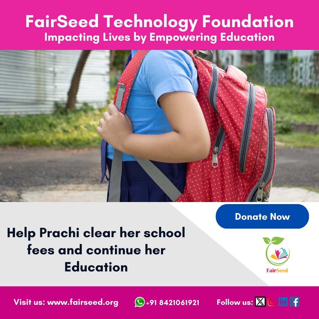 FairSeedTech's tweet photo. 1/2
Help Prachi clear her school fees &amp; continue her Education

Prachi, A bright 9th class student from Surat is currently facing financial obstacles that are affecting her education. Despite facing challenges, Prachi is determined to continue her education and fulfill her dreams https://t.co/9lJIlCeKK8
