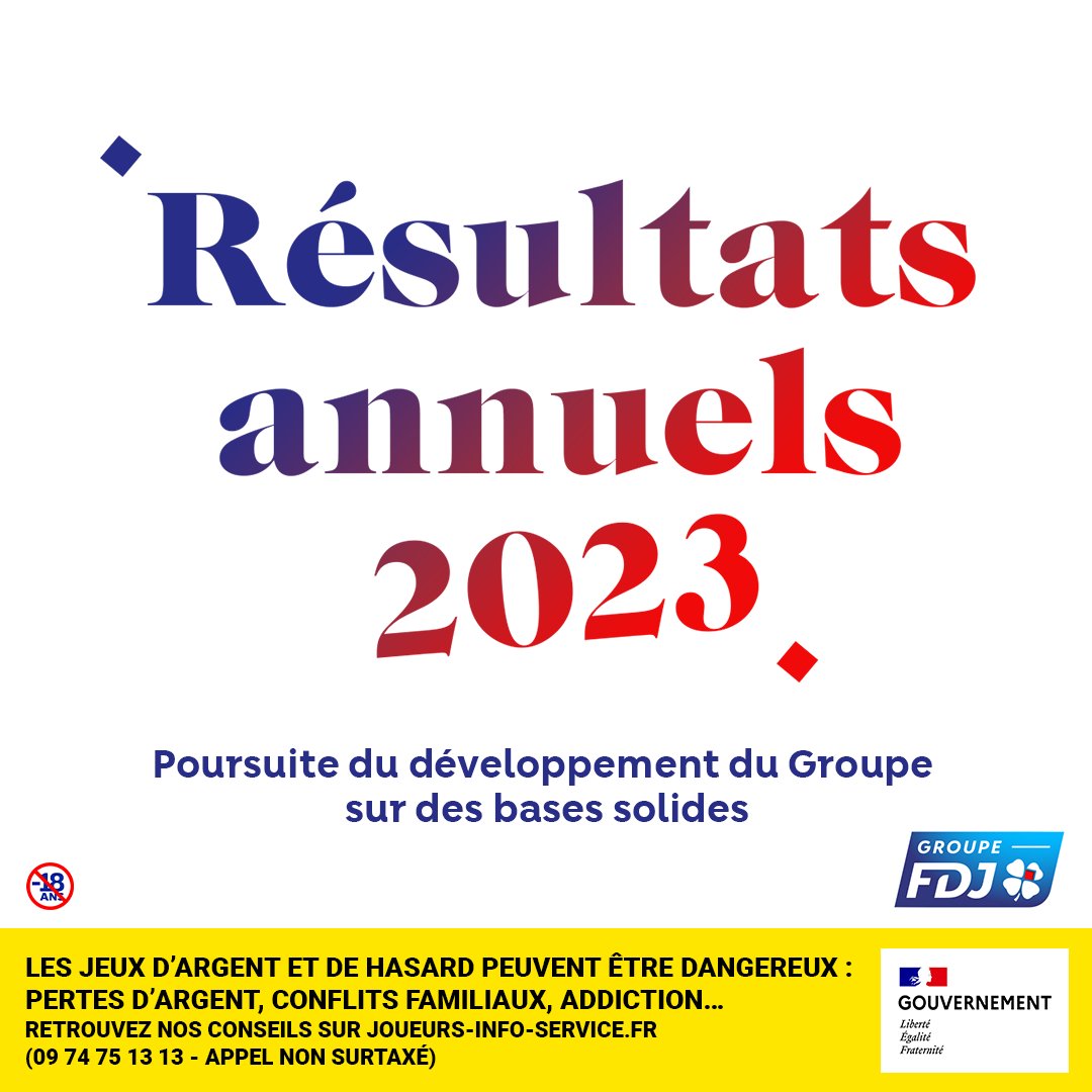 #RésultatsAnnuels
Le groupe #FDJ, premier opérateur de jeux d’argent et de hasard en France, annonce ses résultats 2023 et ses perspectives 2024.

Communiqué de presse ▶️ bit.ly/RésultatsAnnue…