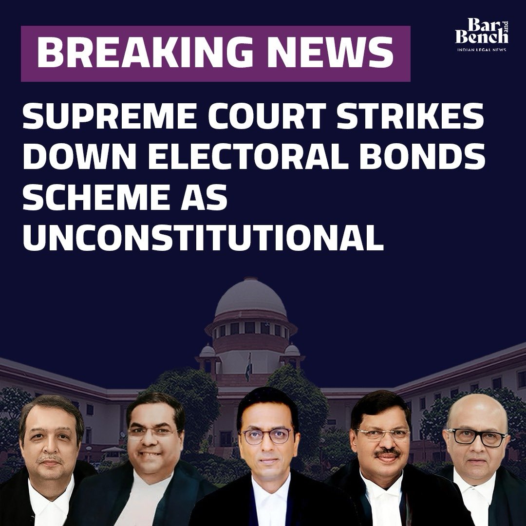 Supreme Court strikes down Electoral Bonds scheme

#SupremeCourtofIndia #ElectoralBonds 

Read More: barandbench.com/news/supreme-c…