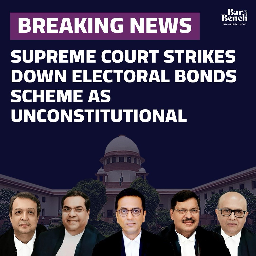 Supreme Court strikes down Electoral Bonds scheme #SupremeCourtofIndia #ElectoralBonds Read More: barandbench.com/news/supreme-c…